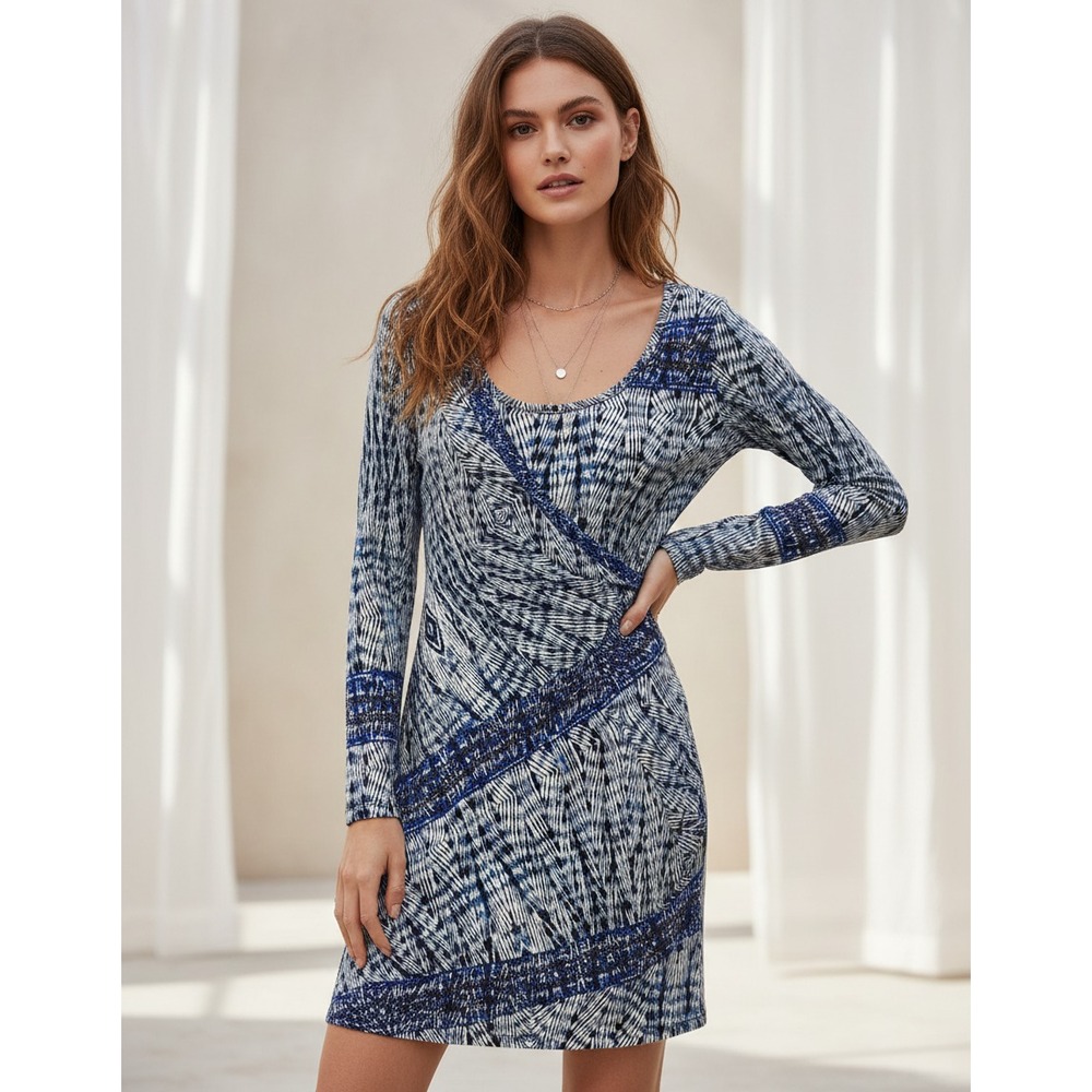 Tracy Reese Plenty L Blue Dress Faux Wrap Office Coastal Boho Retro Office Siren